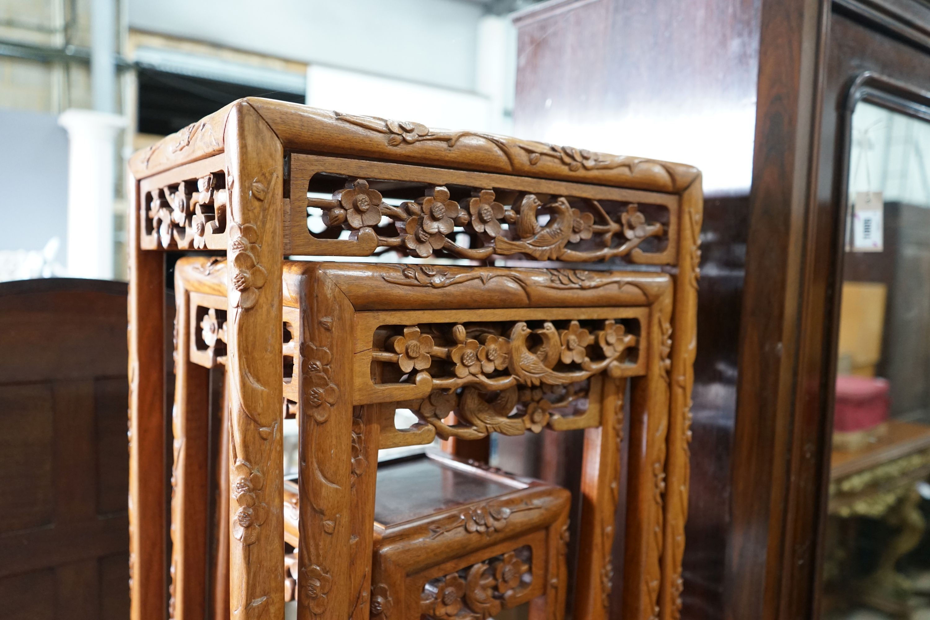 A quartetto of Chinese carved hardwood tea tables, width 46cm, depth 36cm, height 68cm